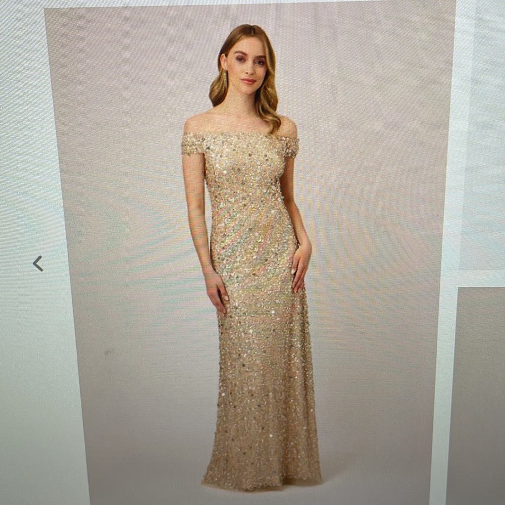Adrianna Papell gold/tan long dress. Size 10. Only hemmed to a 5’ 10”.